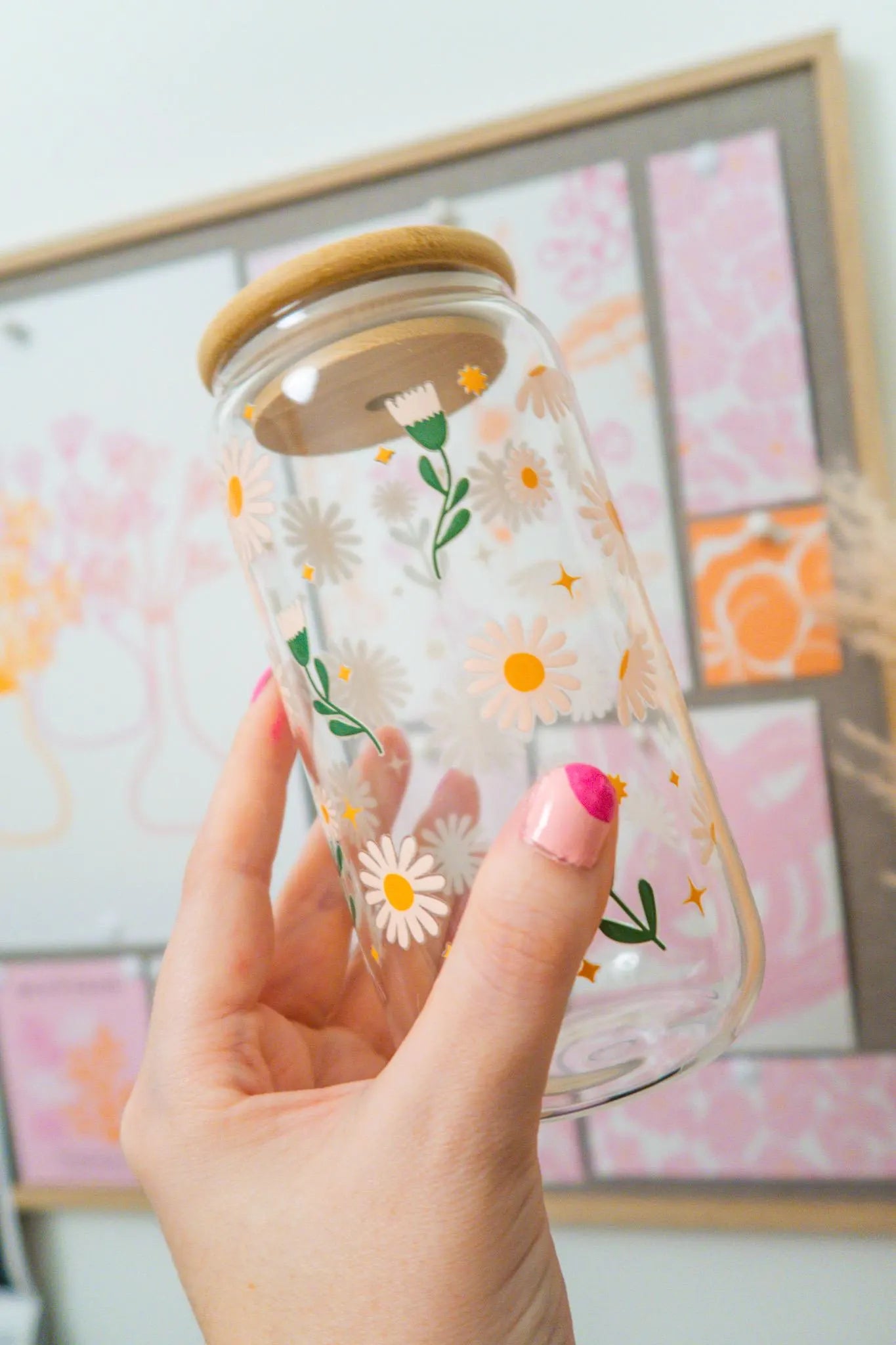 Floral Plant Lover Glass, Coffee Cup with lid and glass straw, Gifts, Reusable Glass