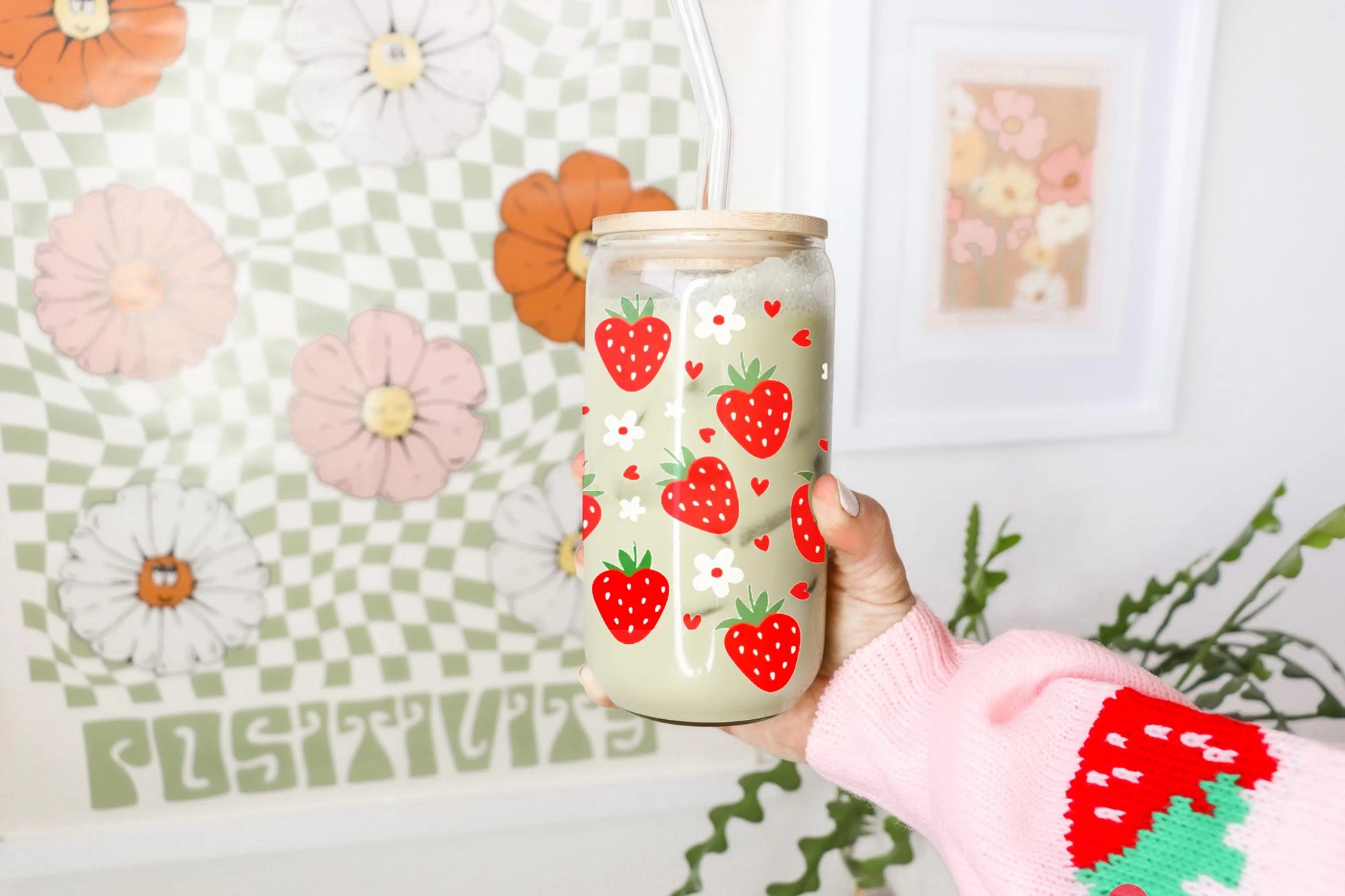 Strawberry Heart Glass, Coffee Cup with lid and glass straw, Gifts, Reusable Glass