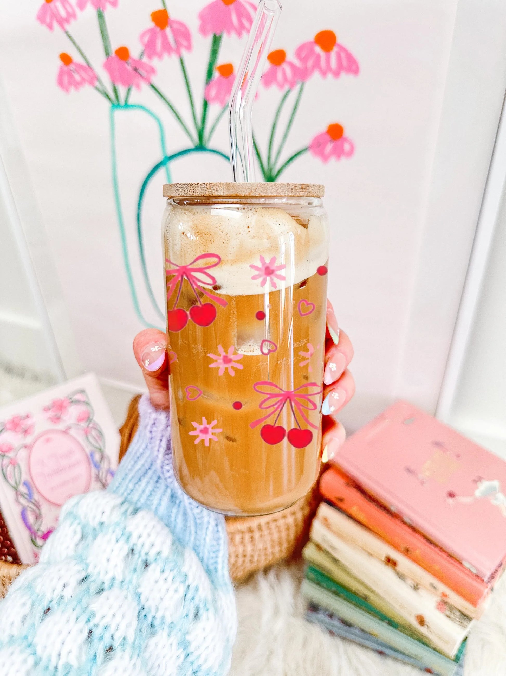 Cherry Bow Glass, Coffee Cup with lid and glass straw, Gifts, Reusable Glass