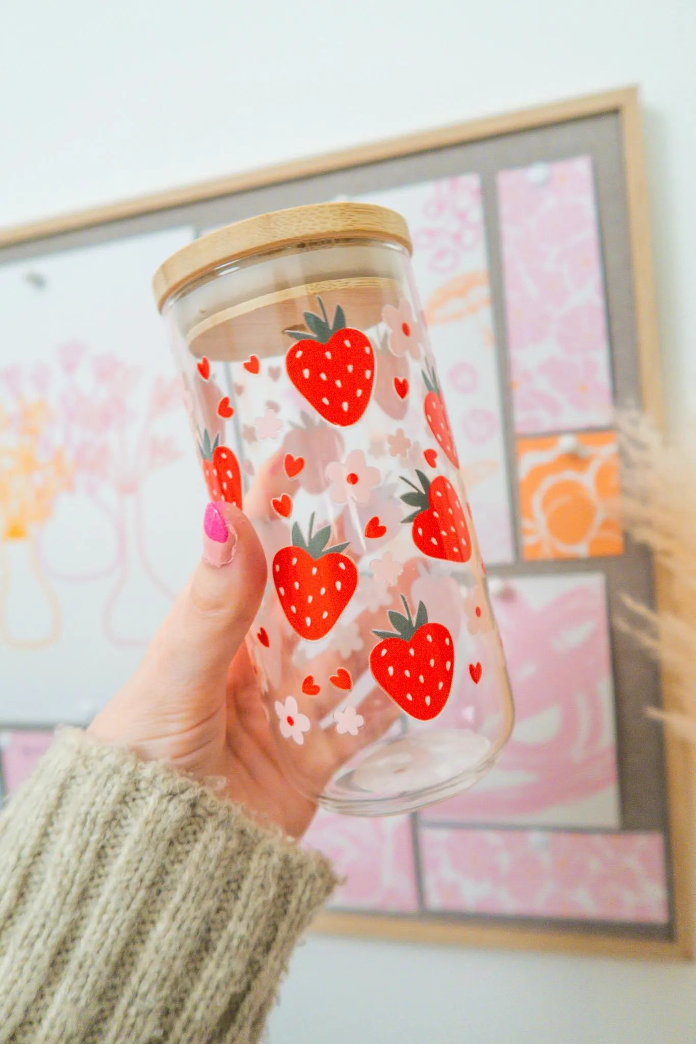 Strawberry Heart Glass, Coffee Cup with lid and glass straw, Gifts, Reusable Glass