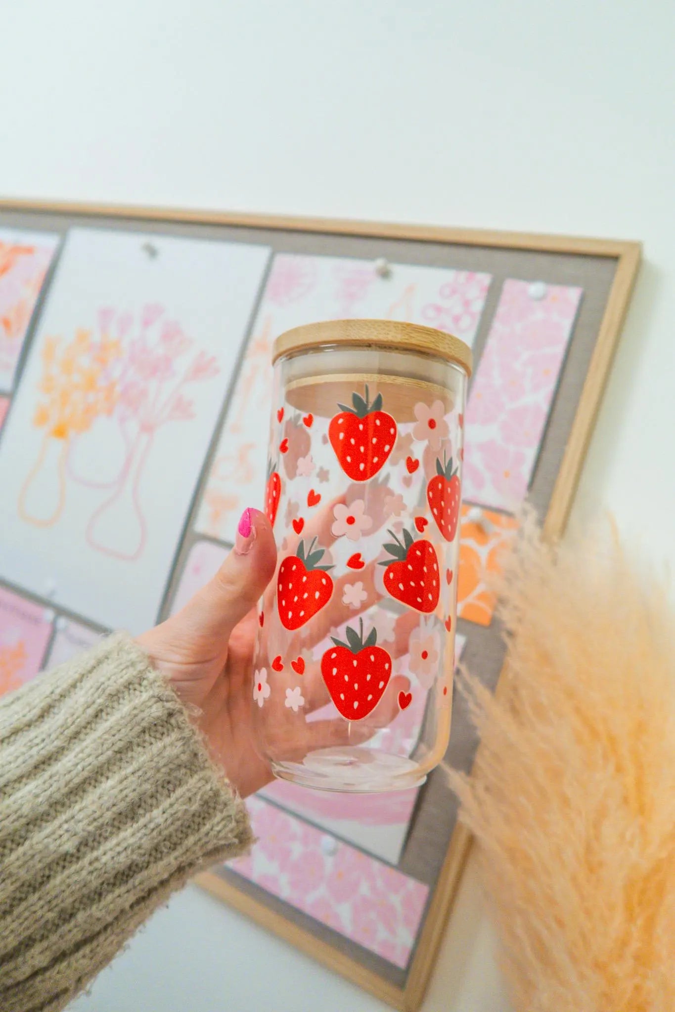 Strawberry Heart Glass, Coffee Cup with lid and glass straw, Gifts, Reusable Glass