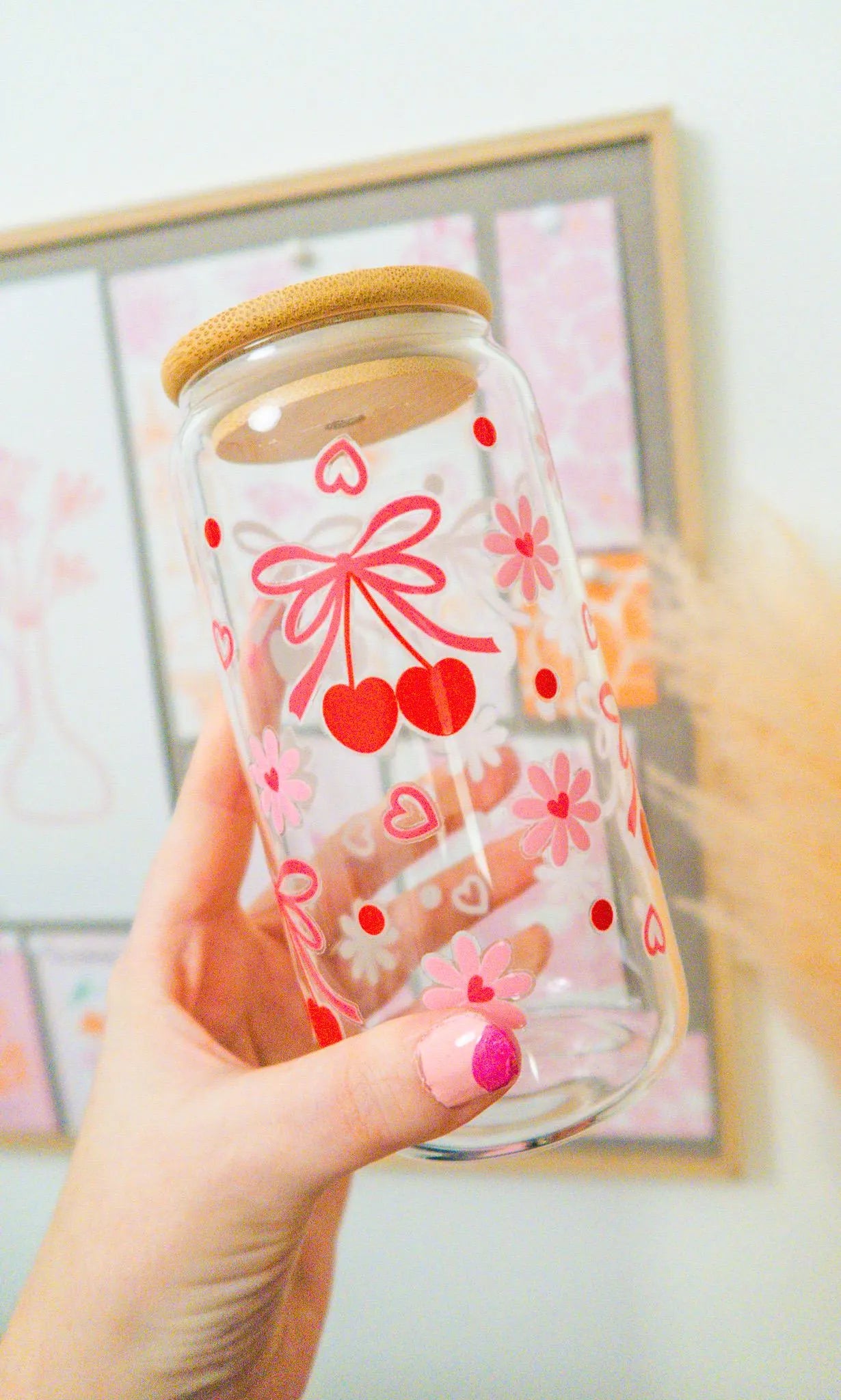 Cherry Bow Glass, Coffee Cup with lid and glass straw, Gifts, Reusable Glass