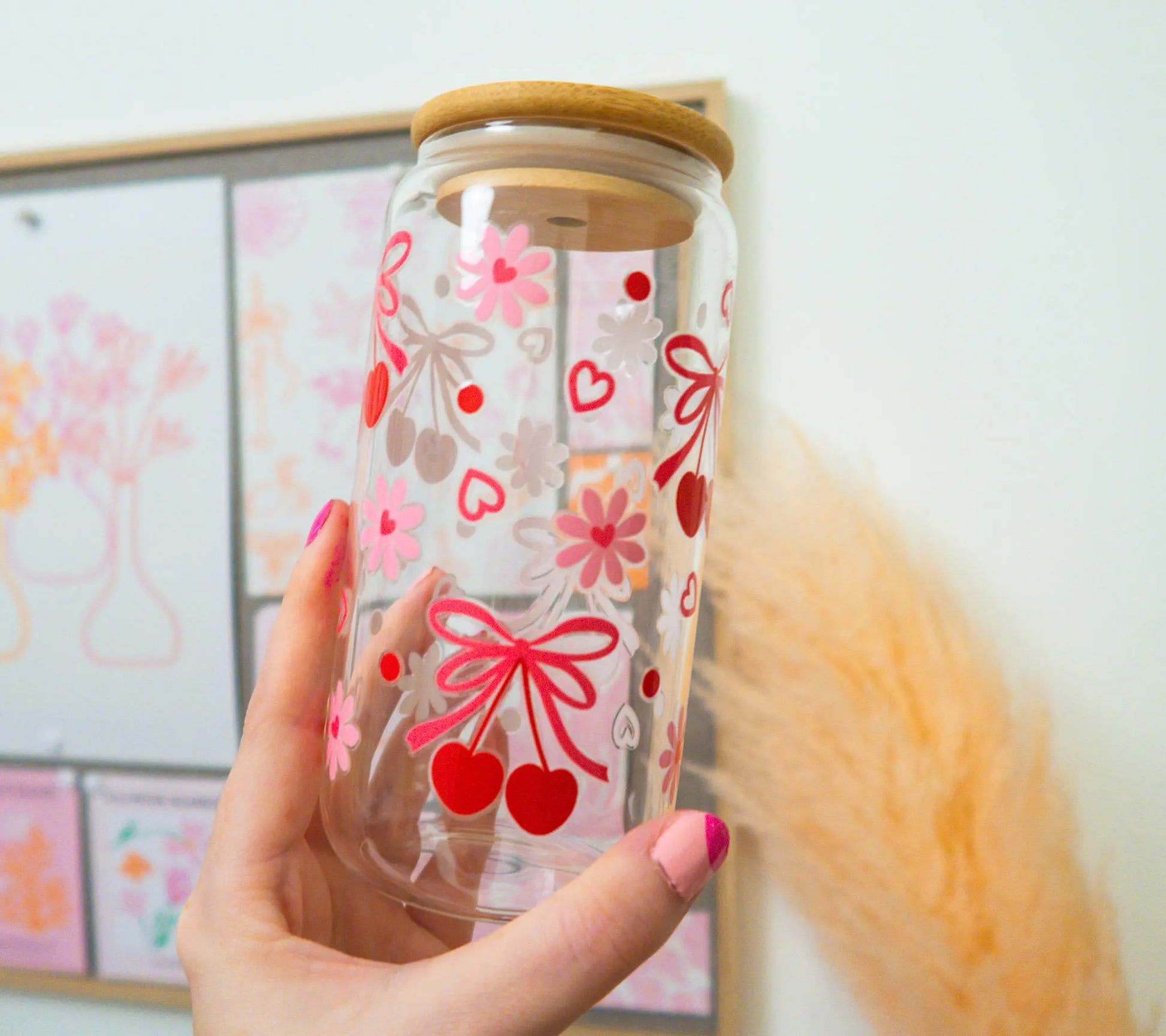 Cherry Bow Glass, Coffee Cup with lid and glass straw, Gifts, Reusable Glass