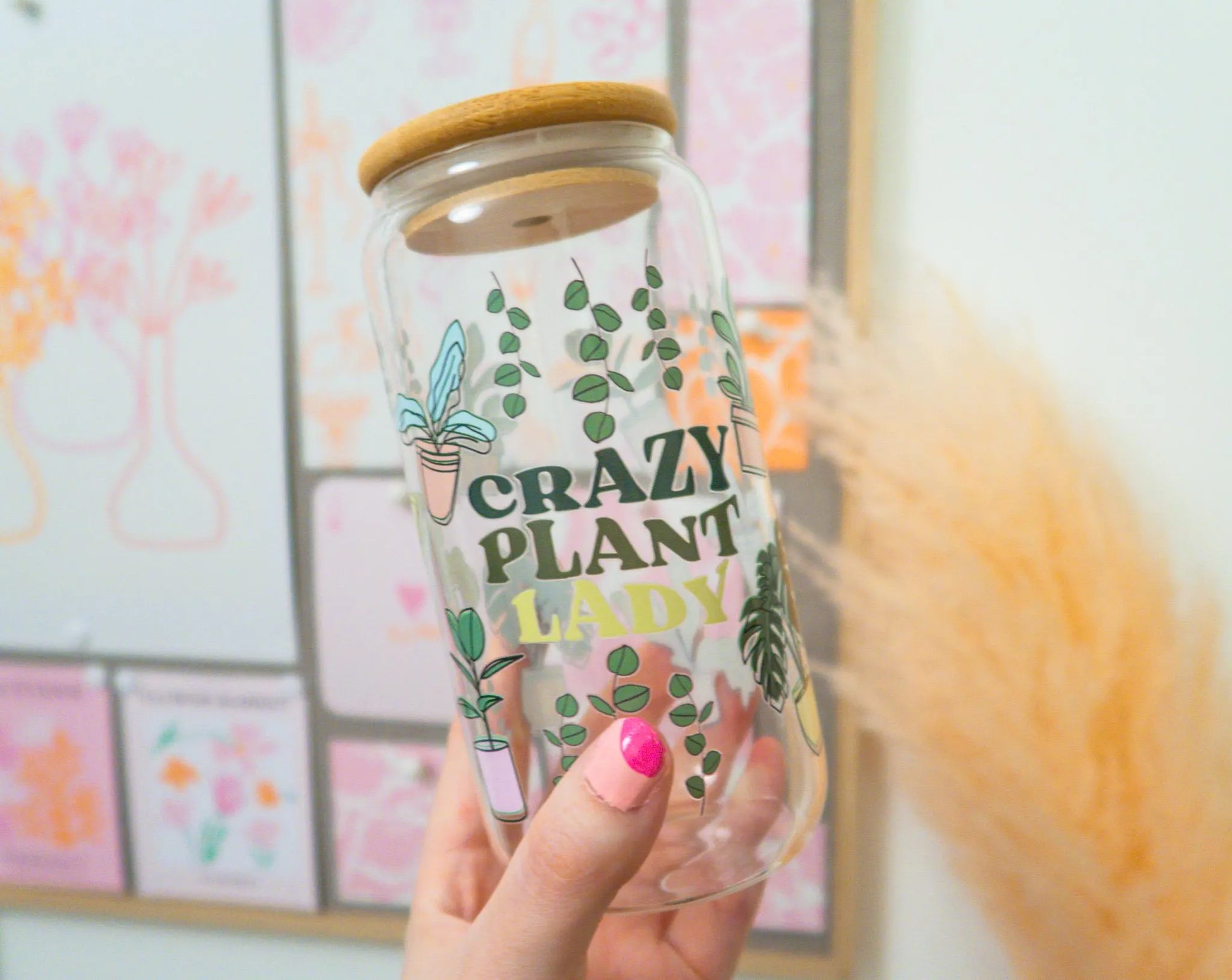 Crazy Plant Lover Glass, Coffee Cup with lid and glass straw, Gifts, Reusable Glass