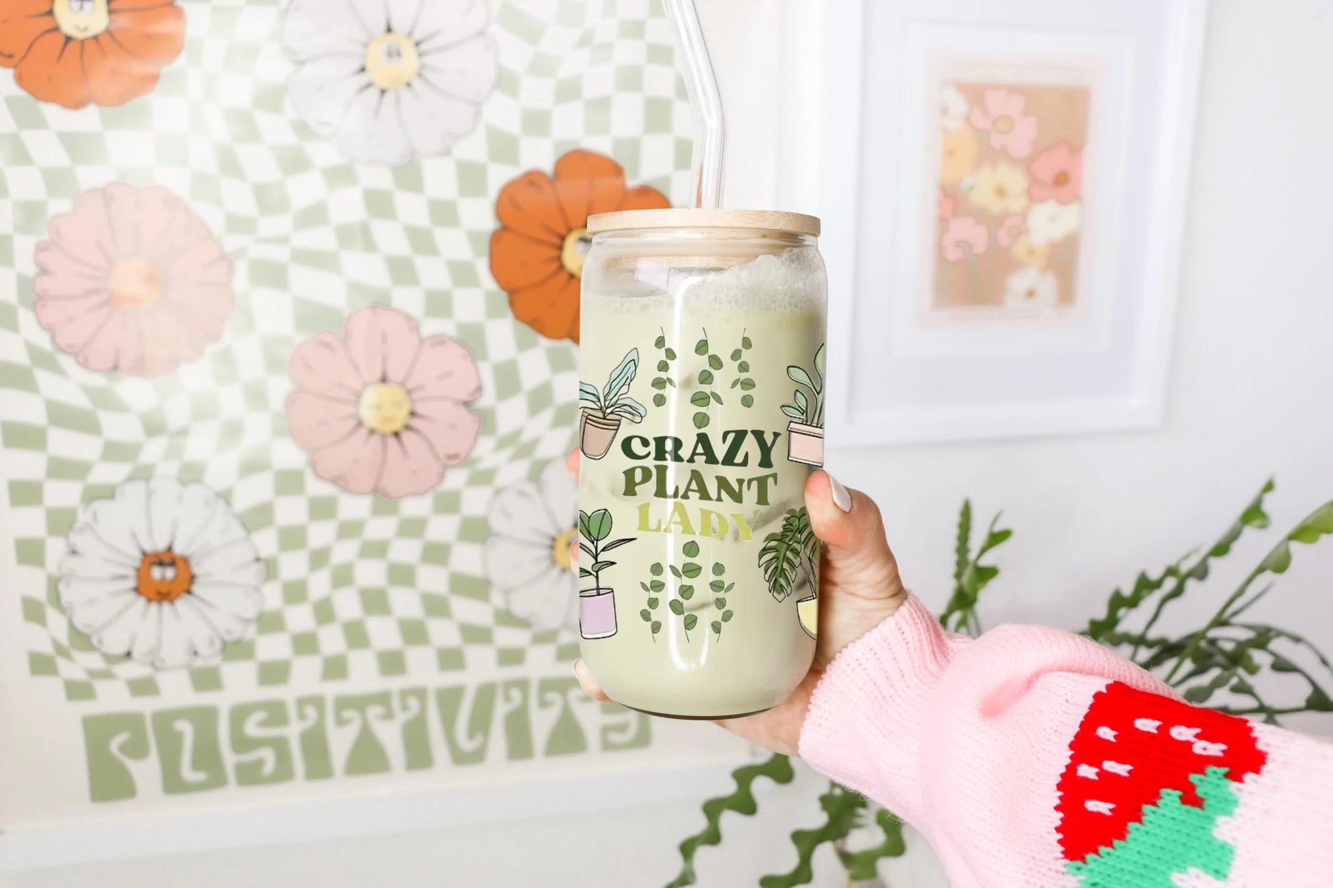 Crazy Plant Lover Glass, Coffee Cup with lid and glass straw, Gifts, Reusable Glass