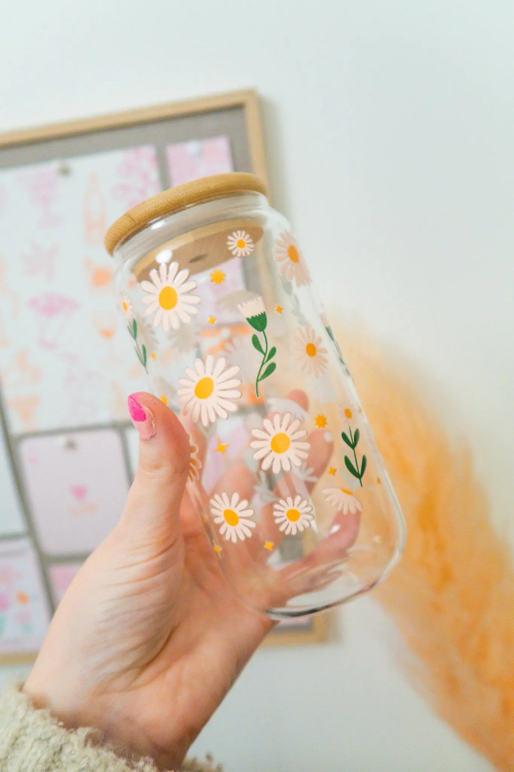 Floral Plant Lover Glass, Coffee Cup with lid and glass straw, Gifts, Reusable Glass