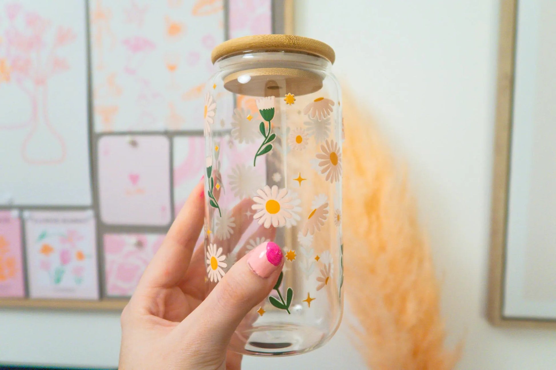Floral Plant Lover Glass, Coffee Cup with lid and glass straw, Gifts, Reusable Glass
