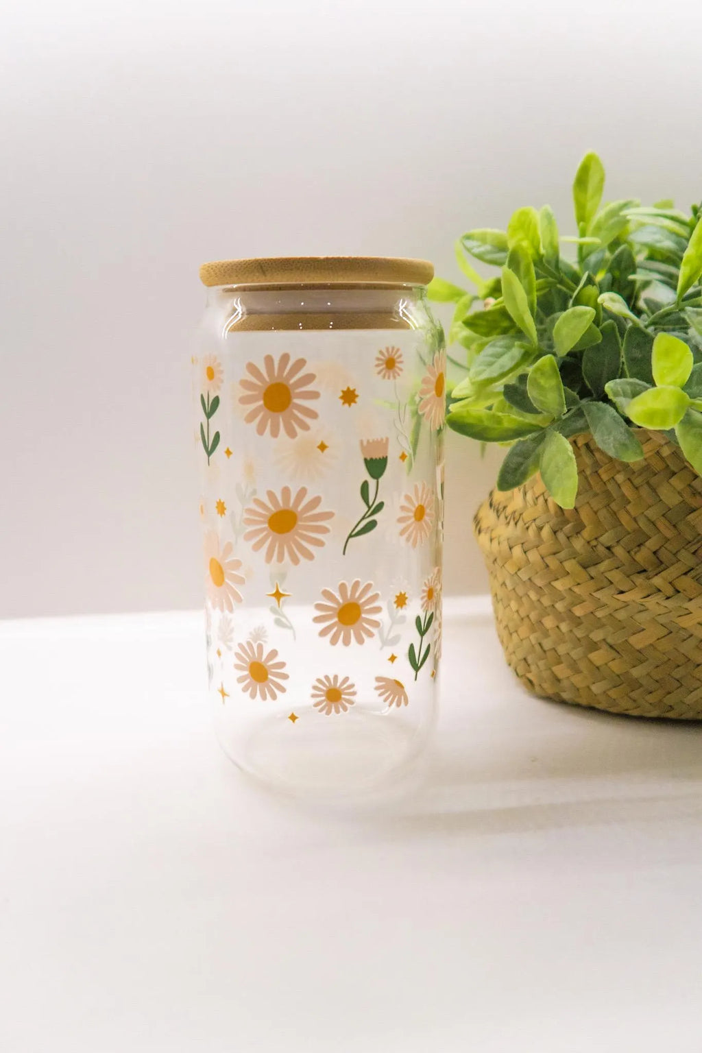 Floral Plant Lover Glass, Coffee Cup with lid and glass straw, Gifts, Reusable Glass