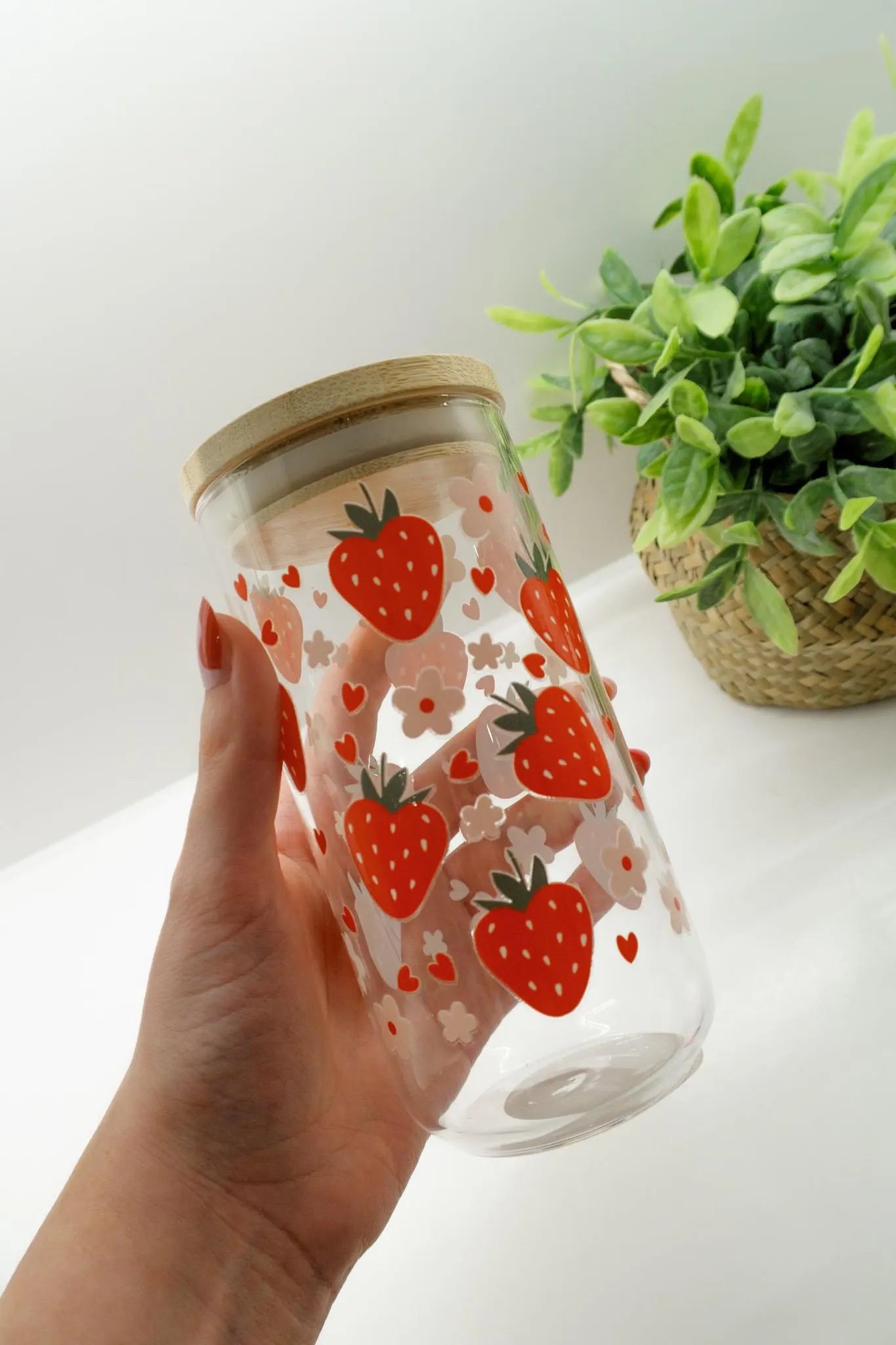 Strawberry Heart Glass, Coffee Cup with lid and glass straw, Gifts, Reusable Glass