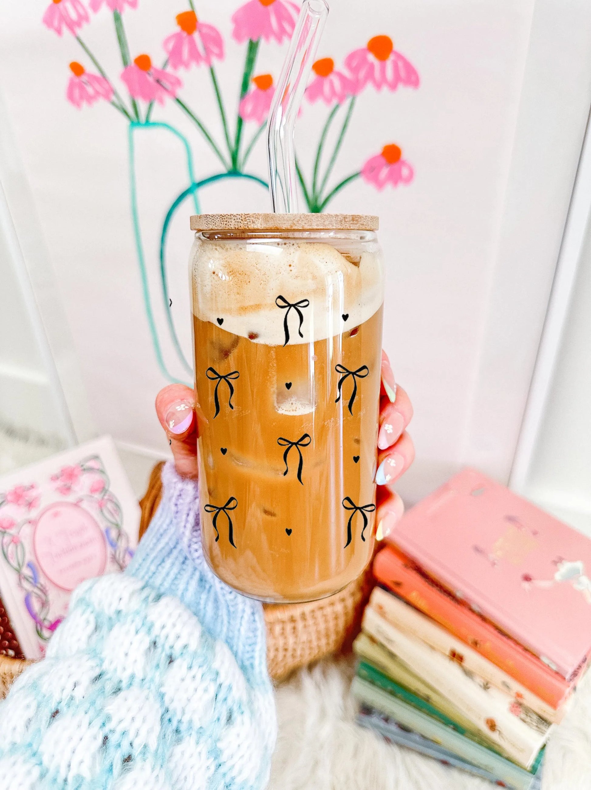 Black Bow Glass, Coffee Cup with lid and glass straw, Gifts, Reusable glass