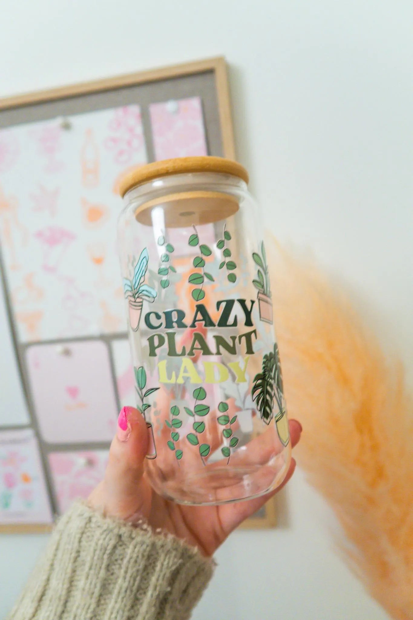 Crazy Plant Lover Glass, Coffee Cup with lid and glass straw, Gifts, Reusable Glass