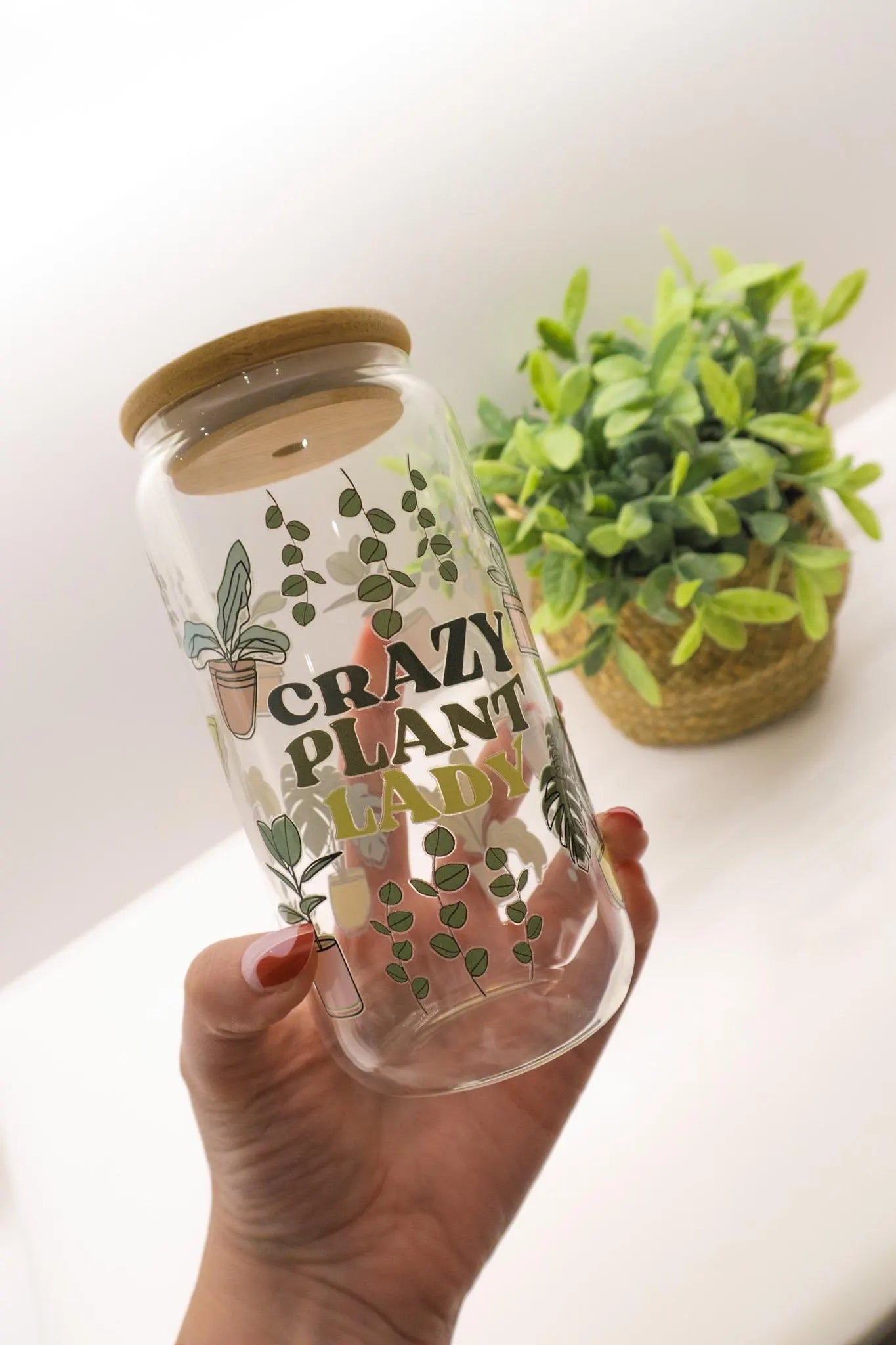 Crazy Plant Lover Glass, Coffee Cup with lid and glass straw, Gifts, Reusable Glass