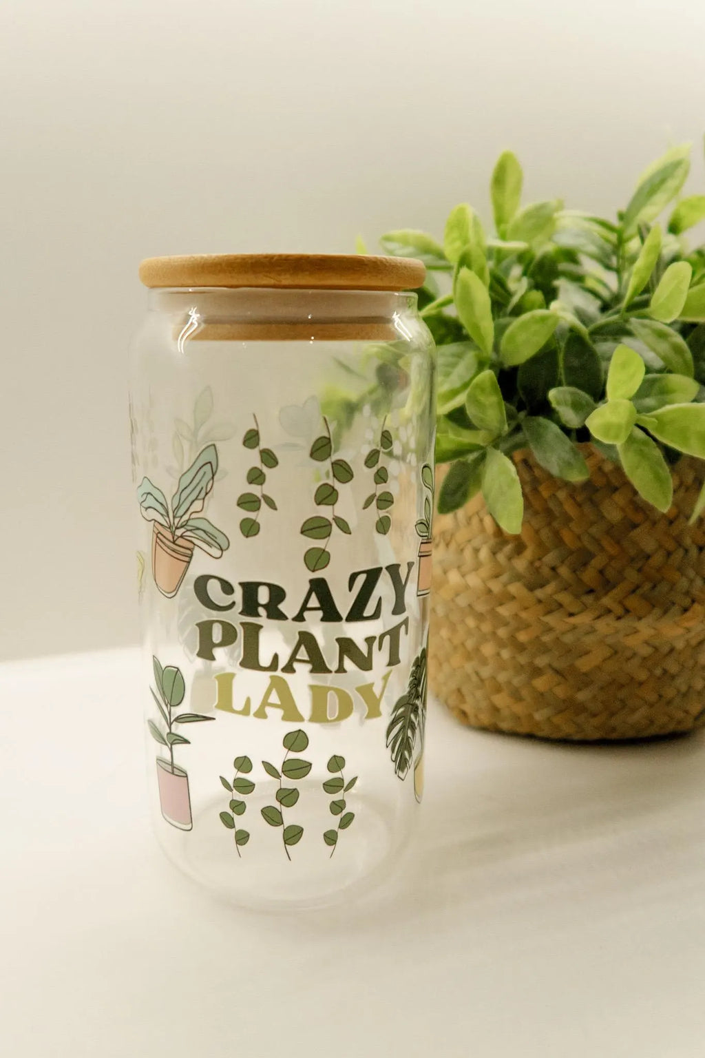 Crazy Plant Lover Glass, Coffee Cup with lid and glass straw, Gifts, Reusable Glass