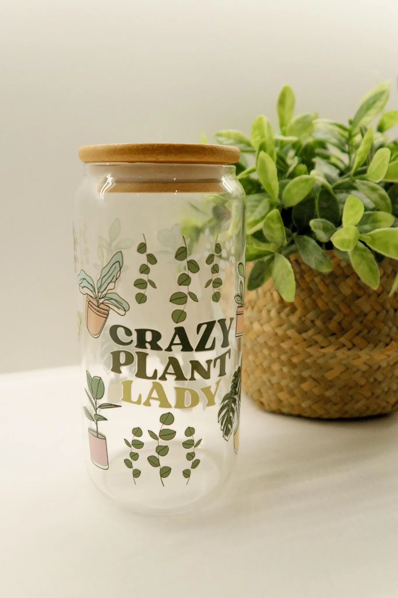 Crazy Plant Lover Glass, Coffee Cup with lid and glass straw, Gifts, Reusable Glass