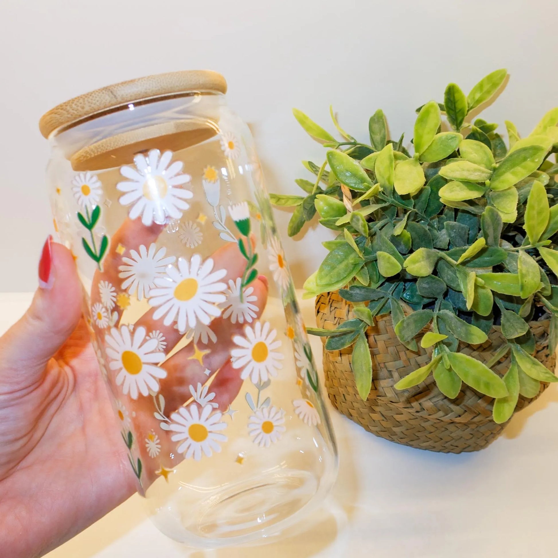 Floral Plant Lover Glass, Coffee Cup with lid and glass straw, Gifts, Reusable Glass