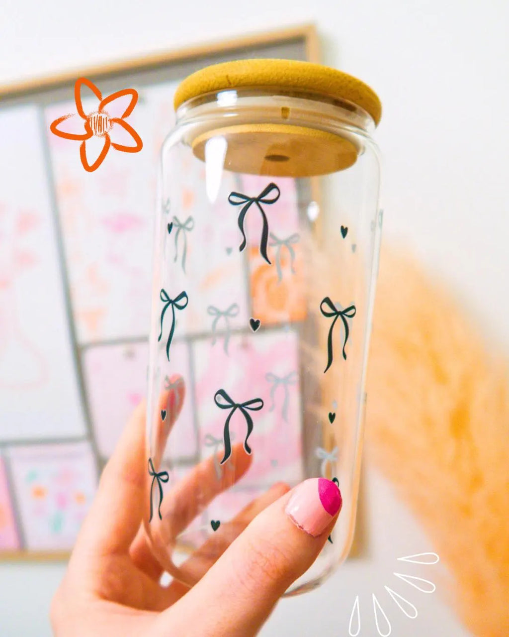 Black Bow Glass, Coffee Cup with lid and glass straw, Gifts, Reusable glass